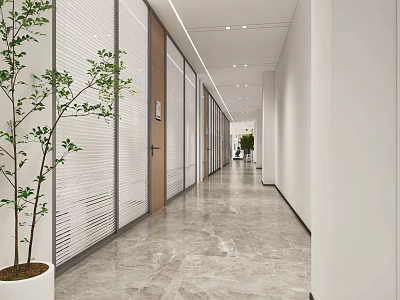Modern Minimalist Office Corridor Design With Glass Partitions White Walls And Marble Flooring 3d model