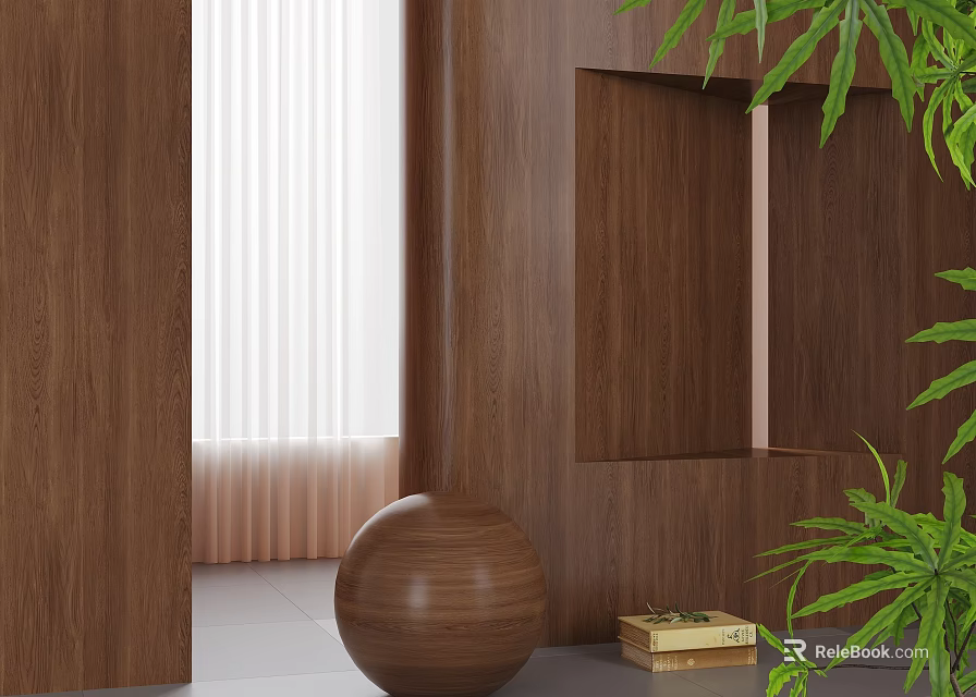 Warm Wooden Interior Design With Floor to Ceiling Curtains Spherical Decor Books and Green Plants 3d model 