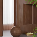 Warm Wooden Interior Design With Floor to Ceiling Curtains Spherical Decor Books and Green Plants