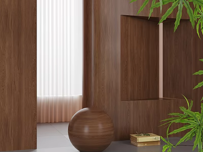 Warm Wooden Interior Design With Floor to Ceiling Curtains Spherical Decor Books and Green Plants 3d model