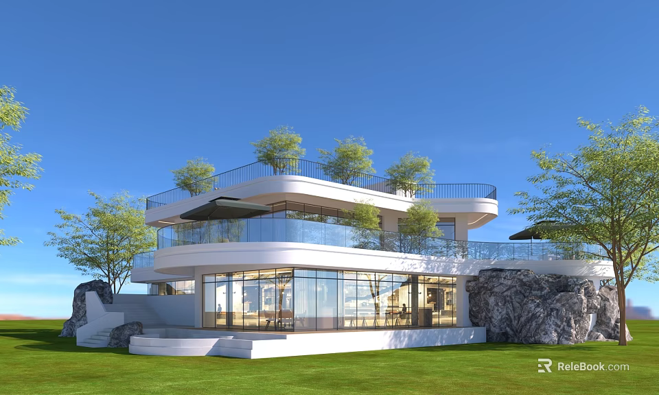 Modern Detached Villa With Large Glass Windows Balcony Trees Green Lawn And Rock Landscape 3d model 