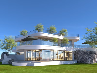 Modern Detached Villa With Large Glass Windows Balcony Trees Green Lawn And Rock Landscape 3d model