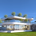Modern Detached Villa With Large Glass Windows Balcony Trees Green Lawn And Rock Landscape