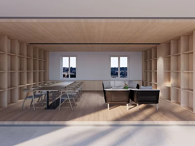 Casual Lounge Area With Wooden Bookshelves Long Table Chairs Sofa Windows And Wooden Flooring 3d model