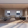 Casual Lounge Area With Wooden Bookshelves Long Table Chairs Sofa Windows And Wooden Flooring