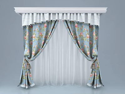 Blue Floral Curtains With White Sheer Panels And Striped Valance Design 3d model