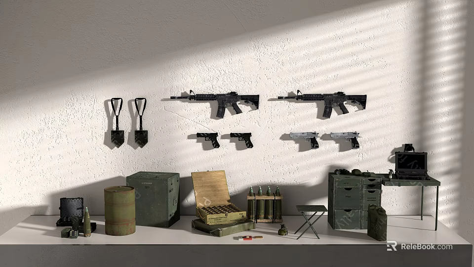 Wall Mounted Weapons Display with Firearms Knives Ammunition Crates Barrels and Boxes 3d model 