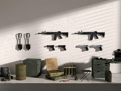 Wall Mounted Weapons Display with Firearms Knives Ammunition Crates Barrels and Boxes 3d model