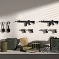Wall Mounted Weapons Display with Firearms Knives Ammunition Crates Barrels and Boxes