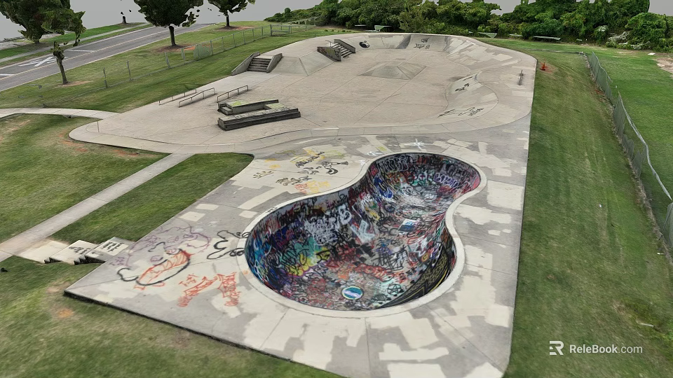 Outdoor Skate Park With Graffiti Bowl And Concrete Ramps For Fitness Activity 3d model 
