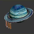 Blue Striped Saturn Planet Model With Ring Structure And Wooden Stand