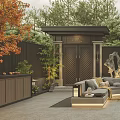 Traditional Chinese Garden Landscape With Courtyard Gate Rock Feature Greenery And Seating Area