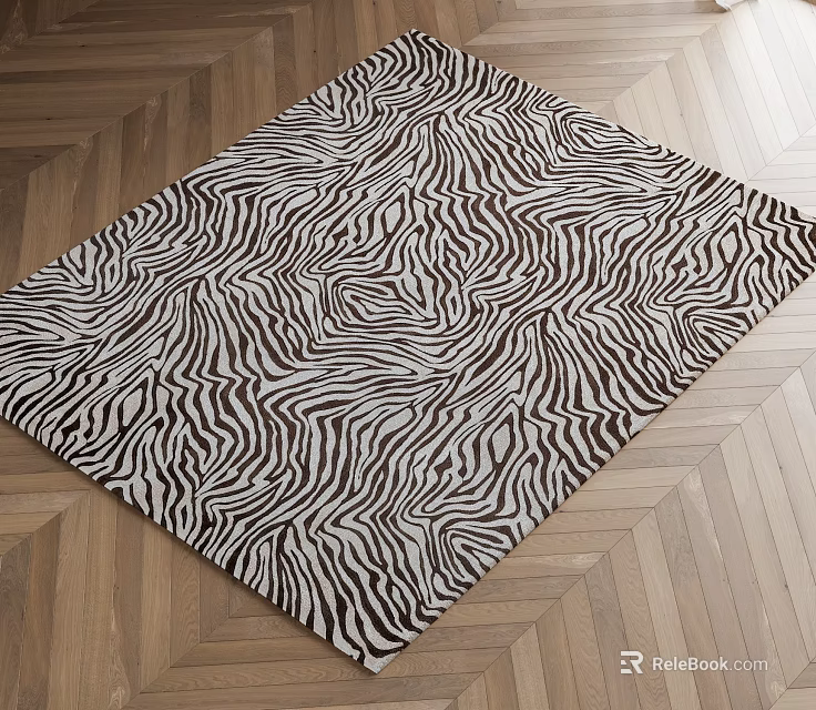 Stylish Square Zebra Pattern Rug On Herringbone Wooden Floor Design 3d model 