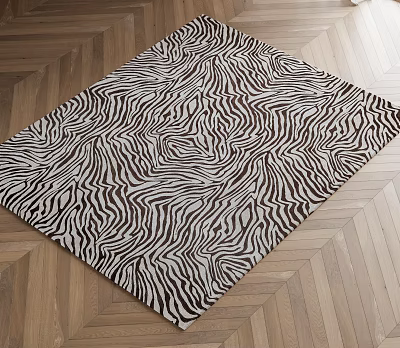Stylish Square Zebra Pattern Rug On Herringbone Wooden Floor Design 3d model