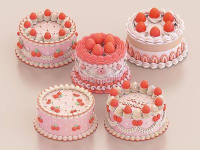 Five Beautiful Strawberry Cakes With Pink And White Cream Decorations And Strawberry Toppings And Pearl Trims 3d model