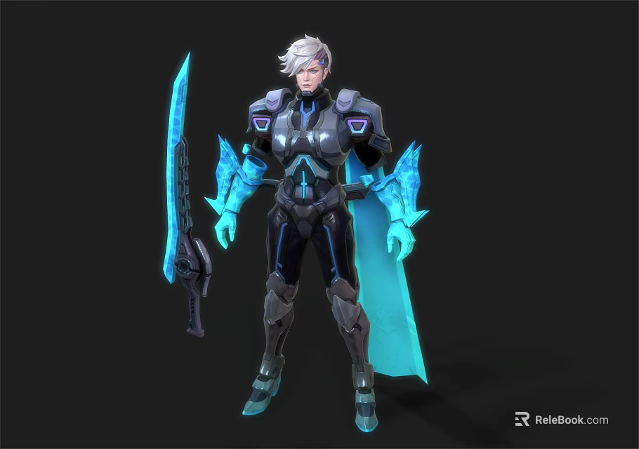 Futuristic Game Warrior Character With Silver White Hair Blue Accented Armor Holding Blue Sword 3d model 