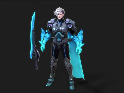 Futuristic Game Warrior Character With Silver White Hair Blue Accented Armor Holding Blue Sword 3d model