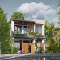 Modern Detached Villa Surrounded by Lush Green Trees With Two Story Design and White Car
