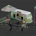 Stylish Vintage Food Truck Outdoor Setup With Umbrella Tables Chairs And Street Lamp