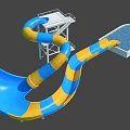 Colorful Spiral Water Slide with Blue Yellow Sections Platform Stairs and Pool