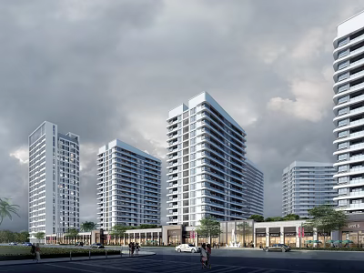 Modern High Rise Apartment Buildings With Street View Pedestrians And Trees 3d model