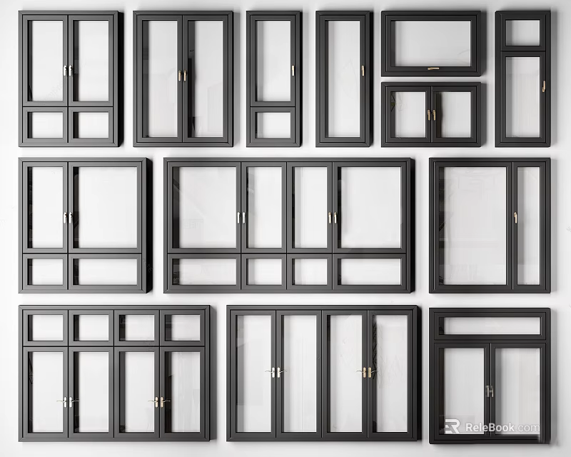 Various Black Framed Windows With Different Styles And Glass Panels On White Background 3d model