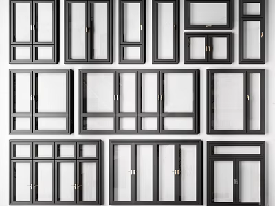 Various Black Framed Windows With Different Styles And Glass Panels On White Background 3d model