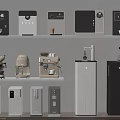 Modern Coffee Makers And Water Dispensers On Shelves In Black White Beige