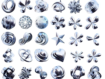 Silver Metallic Art Installations With Abstract Sculptural And Geometric Shapes 3d model