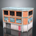 Two Story Brick Building Model With Gray Roof Windows Air Conditioning Units And Red Door