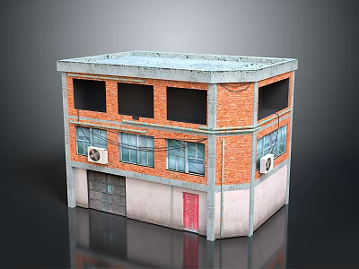 Two Story Brick Building Model With Gray Roof Windows Air Conditioning Units And Red Door 3d model