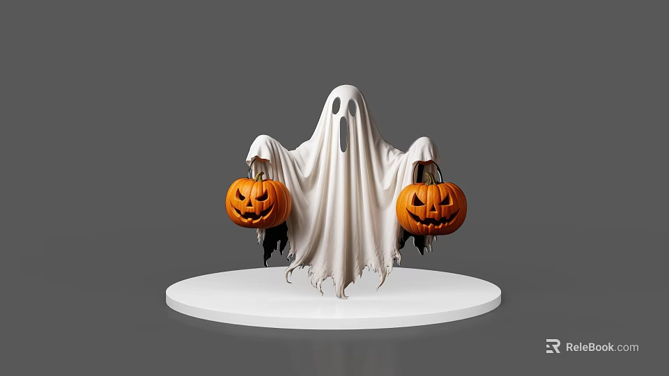 Game Movie Character White Ghost Holding Two Jack O Lanterns On White Pedestal 3d model 