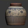Traditional Ceramic Jar With Red Wooden Lid And Blue White Floral Patterns