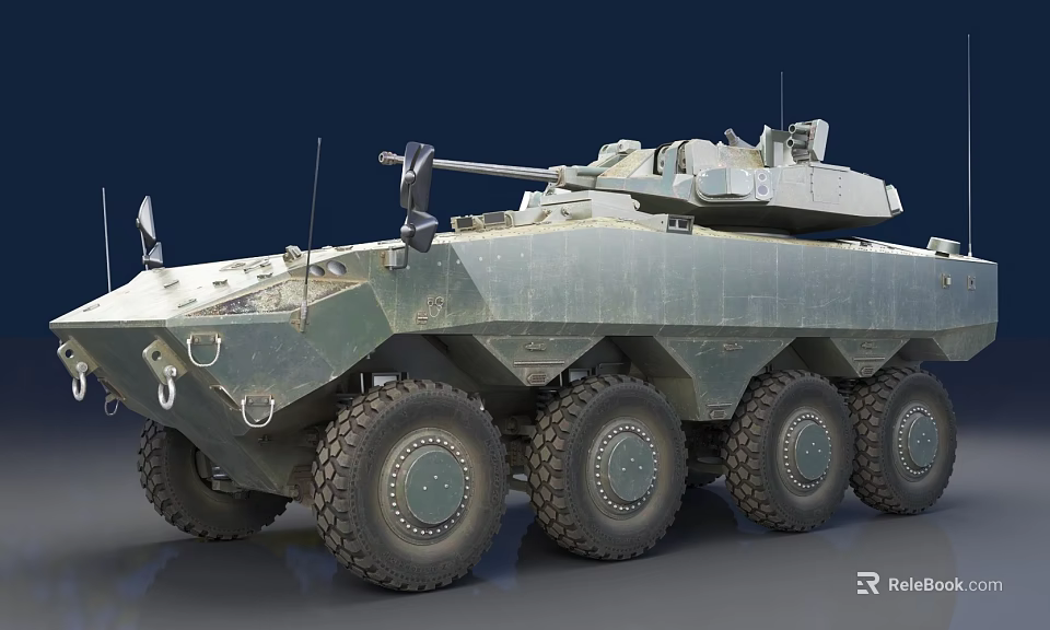 Modern Military Green Armored Wheeled Tank With Eight Wheels And Dark Background 3d model 