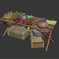Rustic Wooden Workbench With Clay Pots Tools And Wooden Storage Boxes