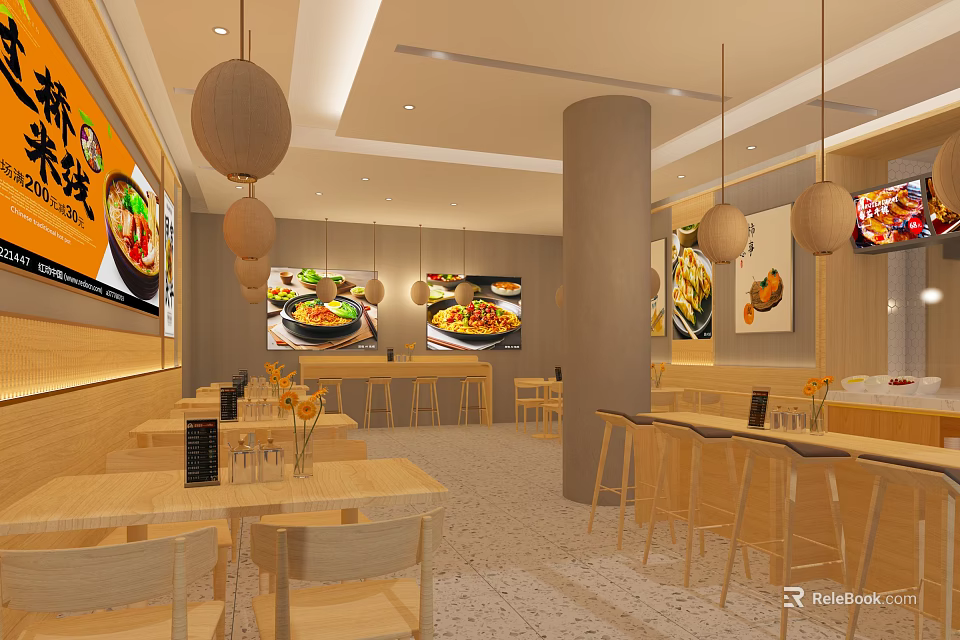 Japanese Style Restaurant Interior With Wooden Tables Chairs Hanging Lanterns And Menu Posters 3d model 