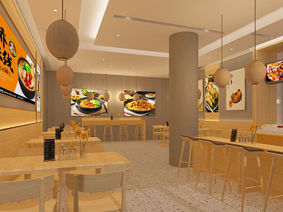 Japanese Style Restaurant Interior With Wooden Tables Chairs Hanging Lanterns And Menu Posters 3d model