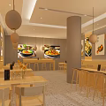 Japanese Style Restaurant Interior With Wooden Tables Chairs Hanging Lanterns And Menu Posters