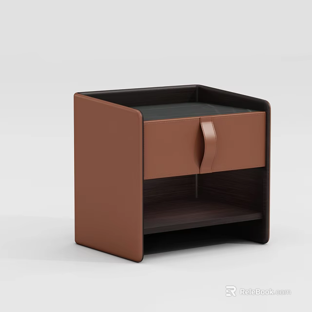 Modern Brown Bedside Table With Leather Drawer And Open Shelf 3d model