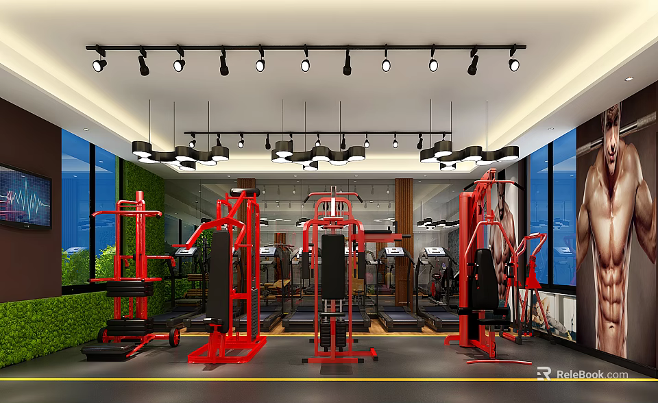 Modern Fitness Gym Interior With Red Workout Machines Lighting And Green Plants 3d model 