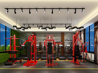 Modern Fitness Gym Interior With Red Workout Machines Lighting And Green Plants 3d model