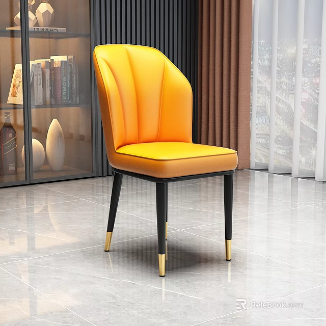 Modern Yellow Leather Dining Chair With Pleated Backrest Black Legs And Gold Accent Feet 3d model 