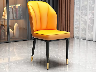 Modern Yellow Leather Dining Chair With Pleated Backrest Black Legs And Gold Accent Feet 3d model