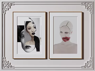 Two Artistic Portrait Paintings with Chinese Style Frames and Colorful Lips 3d model