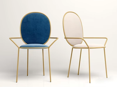 Modern Minimalist Oval Back Dining Chairs With Blue And Beige Upholstery And Golden Metal Legs 3d model
