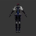Woman Wearing Black And Blue Armor With Silver Accents Standing In Back View Warrior Pose