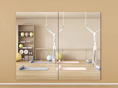 Double Mirrors in Yoga Studio with Yoga Mats Exercise Balls Shelf and Barre 3d model