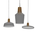 Three Modern Pendant Lamps with Wooden Tops and Transparent Glass Shades