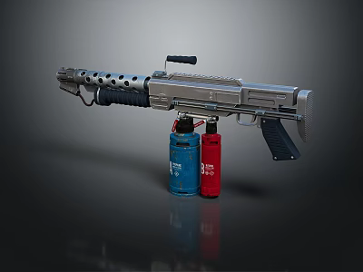 Tactical Military Weapon With Metallic Structure Multiple Holes Black Grip And Blue Red Tanks 3d model