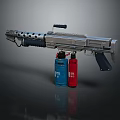 Tactical Military Weapon With Metallic Structure Multiple Holes Black Grip And Blue Red Tanks